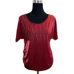 Emi & Joe Womens Red Rhinestone Embellished Short Sleeve Top M